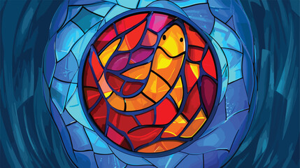 Stained glass round window with Jesus fish Christian