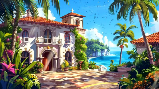 A charming Mexican hacienda with vibrant painted tiles and lush tropical gardens. Fantasy landscape anime or cartoon style, looping 4k video animation background