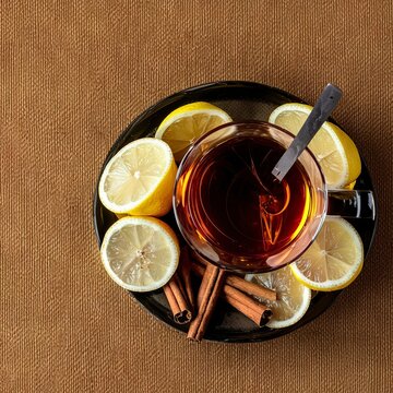 Black tea in glass cup served with fresh lemons, honey and cinnamon sticks over a brown texture background