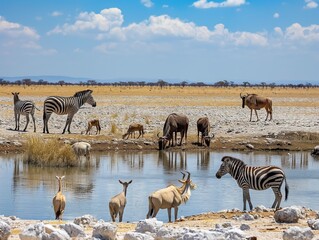 Fototapeta na wymiar A vibrant scene of zebras, wildebeest, and antelopes congregating around a waterhole