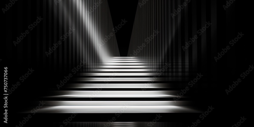 Poster an abstract composition of a single light illuminating the symmetry of a dark staircase at night, cr