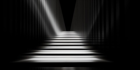 An abstract composition of a single light illuminating the symmetry of a dark staircase at night, creating an alluring contrast between the monochrome black and white lines - obrazy, fototapety, plakaty