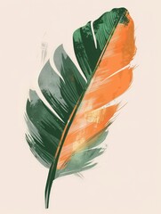 A single green and orange feather is placed on a clean white background, showcasing vibrant colors and delicate textures.