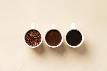 Stages of Coffee Preparation in White Cups