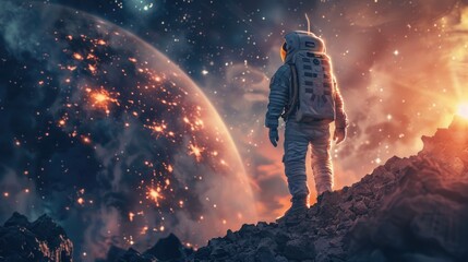 Astronaut's Milestone: Venturing onto Uncharted Planet, Embodying Spirit of Discovery - obrazy, fototapety, plakaty