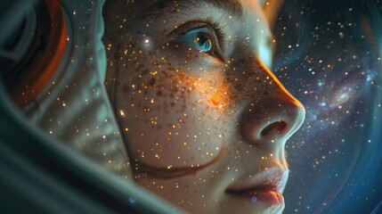 The Dream of Space Exploration: An Astronaut Observes the Stars, with the Milky Way's Reflection in Their Gaze, from the Confines of a Spacecraft Window