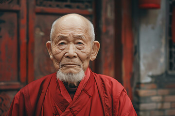 Serene Chinese elder dons traditional monk's robe, embodying wisdom and spirituality in tranquil reverence