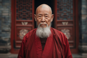 Naklejka premium Serene Chinese elder dons traditional monk's robe, embodying wisdom and spirituality in tranquil reverence