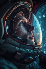 An Astronaut Admiring the Starry Expanse Through the Window of a Spacecraft, with the Milky Way Mirrored in Their Eyes