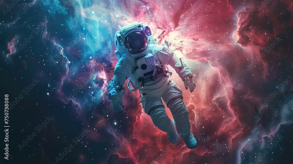 Wall mural human connection to the cosmos: an astronaut floating in zero gravity, surrounded by the majesty of 