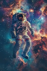 An Astronaut Drifting in Zero Gravity Amidst Cosmic Elements, with Distant Galaxies and Nebulae Illuminating the Human Connection to the Universe