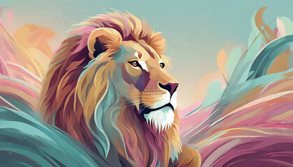 Abstract illustration of majestic lion in pastel colors. Wild African animal.