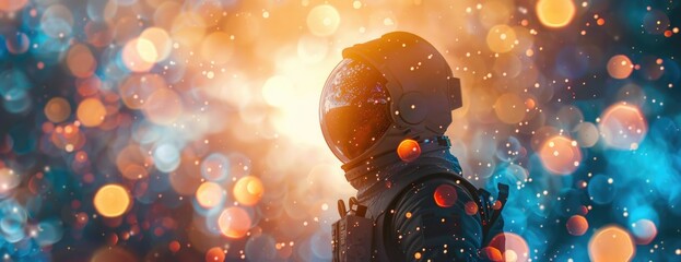 An Astronaut and Star Clusters Merge in an Artistic Symbolization of Deep Universal Reflections - obrazy, fototapety, plakaty