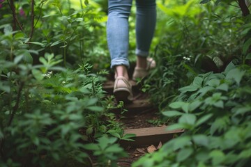 Woman taking a mindful walk in a lush garden, focusing on each step and the surrounding nature