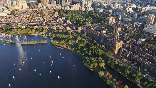 Boston Massachusetts USA downtown city skyline and boat marina on the Charles River