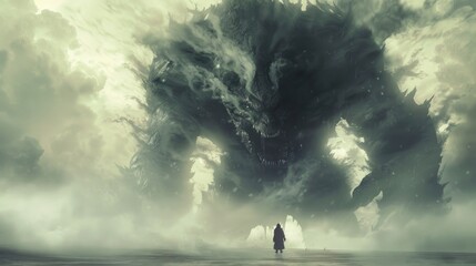 Behemoth emerging from ancient mist colossal silhouette against a stormy sky