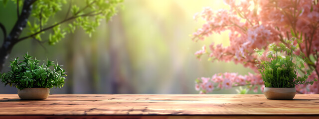 A tiny plant pot on wooden table with empty space at center, on natural forest and sunlight background. Wallpaper banner photography. Copyspace or blank space for text.