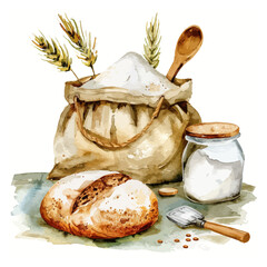Watercolor baking ingredients composition. Hand drawn flour  salt bread illustration vector