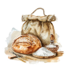 Watercolor baking ingredients composition. Hand drawn flour  salt bread illustration vector