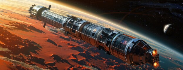 A Glimpse into the Future of Space Travel with a Commercial Liner's Regular Trip from Earth to Mars, Approaching the Martian Atmosphere