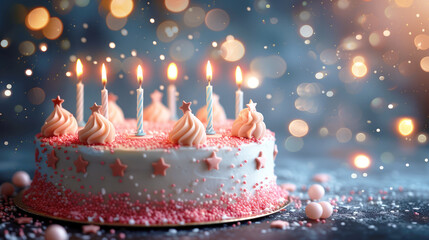 Birthday cake with white icing and lit candles, close-up. Festive background, birthday card layout, copy space.