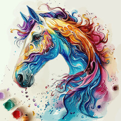 Portrait of a running horse with a colorful fur and abstract paint splashes. Picturesque vector portrait for wall art, posters, banners, t-shirts, mugs, cases, etc. vector