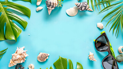 Summer background with shells, sunglasses, palm leaves. Concept of hot summer and relaxation.