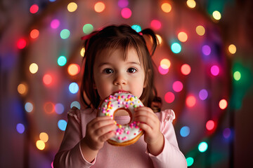 Naklejka premium Cute little girl holding eating donut. Child ready to eat donut with pink frosting.