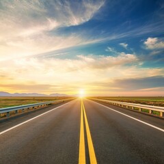 highway road , transportation roadtrip concept. on asphalt expressway with sunrise sky - obrazy, fototapety, plakaty