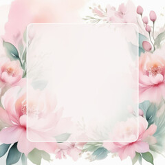 Obraz na płótnie Canvas Blossoming soft pink flowers. Watercolor floral pastel color background with transparent glass frame for text in center. Copy space. Invitation, greeting card template. Romantic, wedding, spa