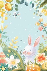 Springtime Celebration With Bunny, Flowers, and Fluttering Butterfly in a Vibrant Garden
