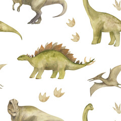 Watercolor seamless pattern with illustration of a dinosaurs and paw prints. For children's room decor, wallpaper, textile