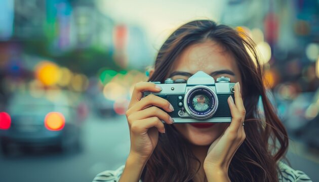 Smiling female tourist taking photos with camera, blurred background with space for text placement