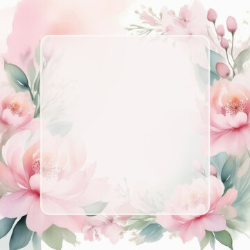Blossoming soft pink flowers. Watercolor floral pastel color background with transparent glass frame for text in center. Copy space. Invitation, greeting card template. Romantic, wedding, spa