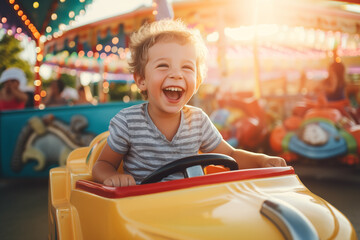 a little boy is riding a bumper car at a carnival