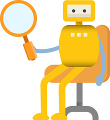 Robot Character Sitting and Holding Magnifier
