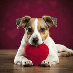 Jack Russell Terrier dog puppy are lying with red heart. Card on Valentine Day
