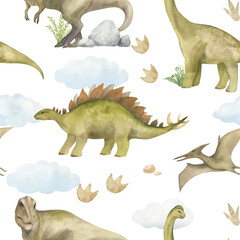 Watercolor seamless pattern with illustration of a dinosaurs and paw prints, clouds. For children's room decor, wallpaper, textile