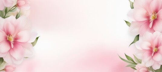 Fototapeta premium Blooming watercolor flowers on pastel color banner background. Copy space for text. Invitation, greeting card template. Romantic, wedding, spa