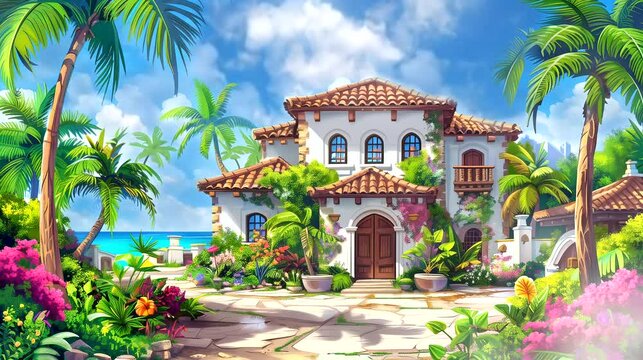 A charming Mexican hacienda with vibrant painted tiles and lush tropical gardens. Fantasy landscape anime or cartoon style, looping 4k video animation background