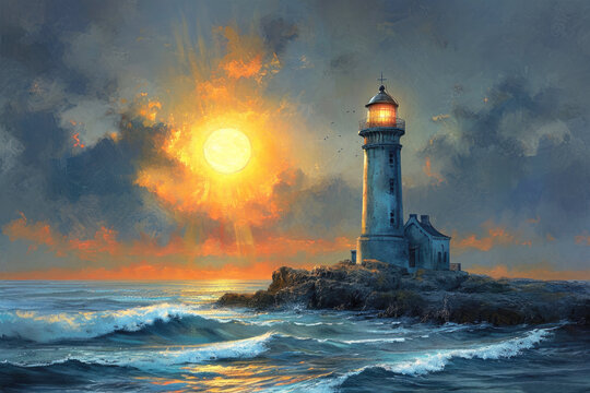Painting, drawing, stormy sea and lighthouse at sunset.