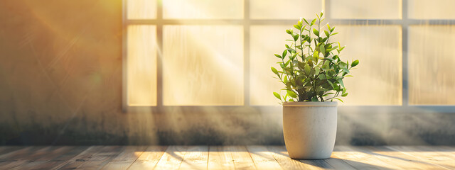 A banner house plant in pot with natural light, empty  space or copyspace for use.