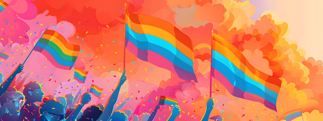 Abstract rainbow people raise a flag in a vibrant color palette create a playful and energetic background. Sign for LGBTQ or pride month banner illustration design. - obrazy, fototapety, plakaty