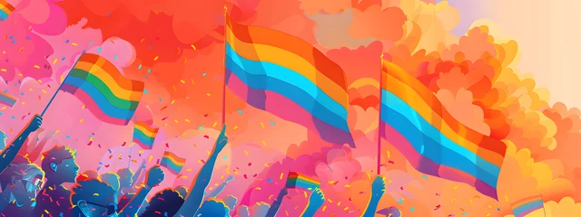 Fotobehang Abstract rainbow people raise a flag in a vibrant color palette create a playful and energetic background. Sign for LGBTQ or pride month banner illustration design. © Alice a.