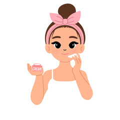 beautiful woman using moisturizer cream character illustration