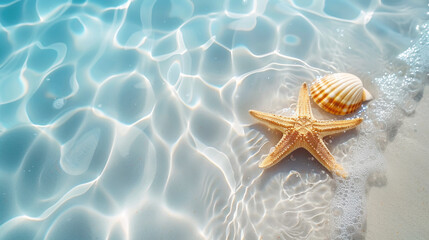 Fototapeta na wymiar Starfish, shell on the sand on the beach and blue sea. Summer holiday background.