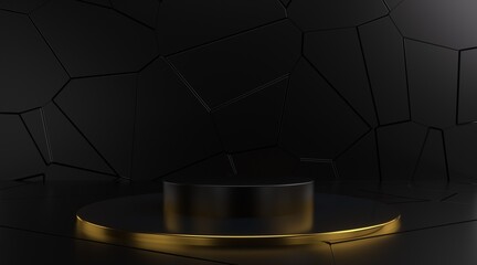 abstract 3d round podium with dark voronoi blocks background for product display.