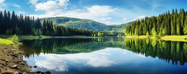 Stunning panorama background from the Mummelsee in the Black Forest on the Black Forest High Road, with reflection in the water - obrazy, fototapety, plakaty