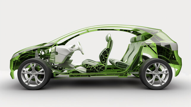Transparent view of an electric car concept highlighting the innovative structure and futuristic design of sustainable automotive technology