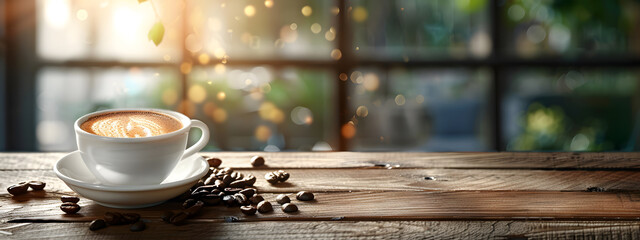 A steaming cup of coffee latte, with coffee beans on wooden table in cafe at morning time with sunlight wallpaper background banner design.